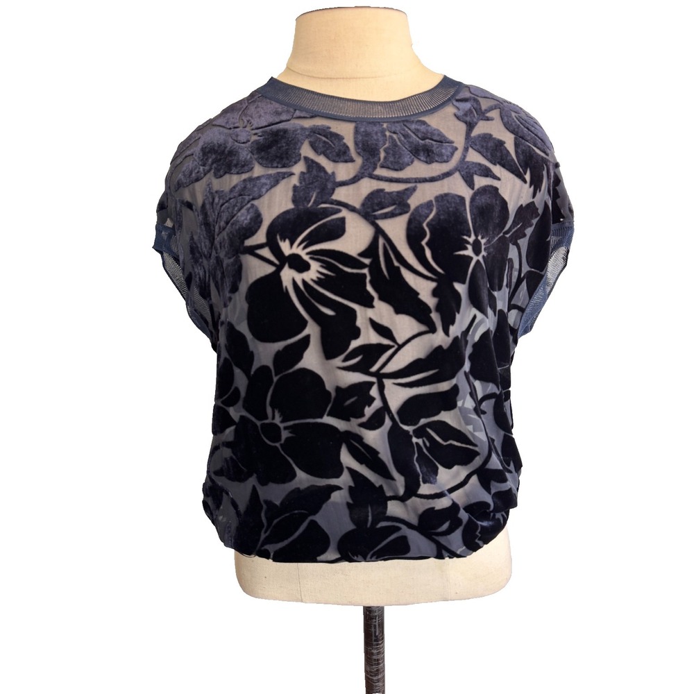 Theyskens Theory Navy Blue Velvet Burnout Floral Short Sleeve‎ Tee Small